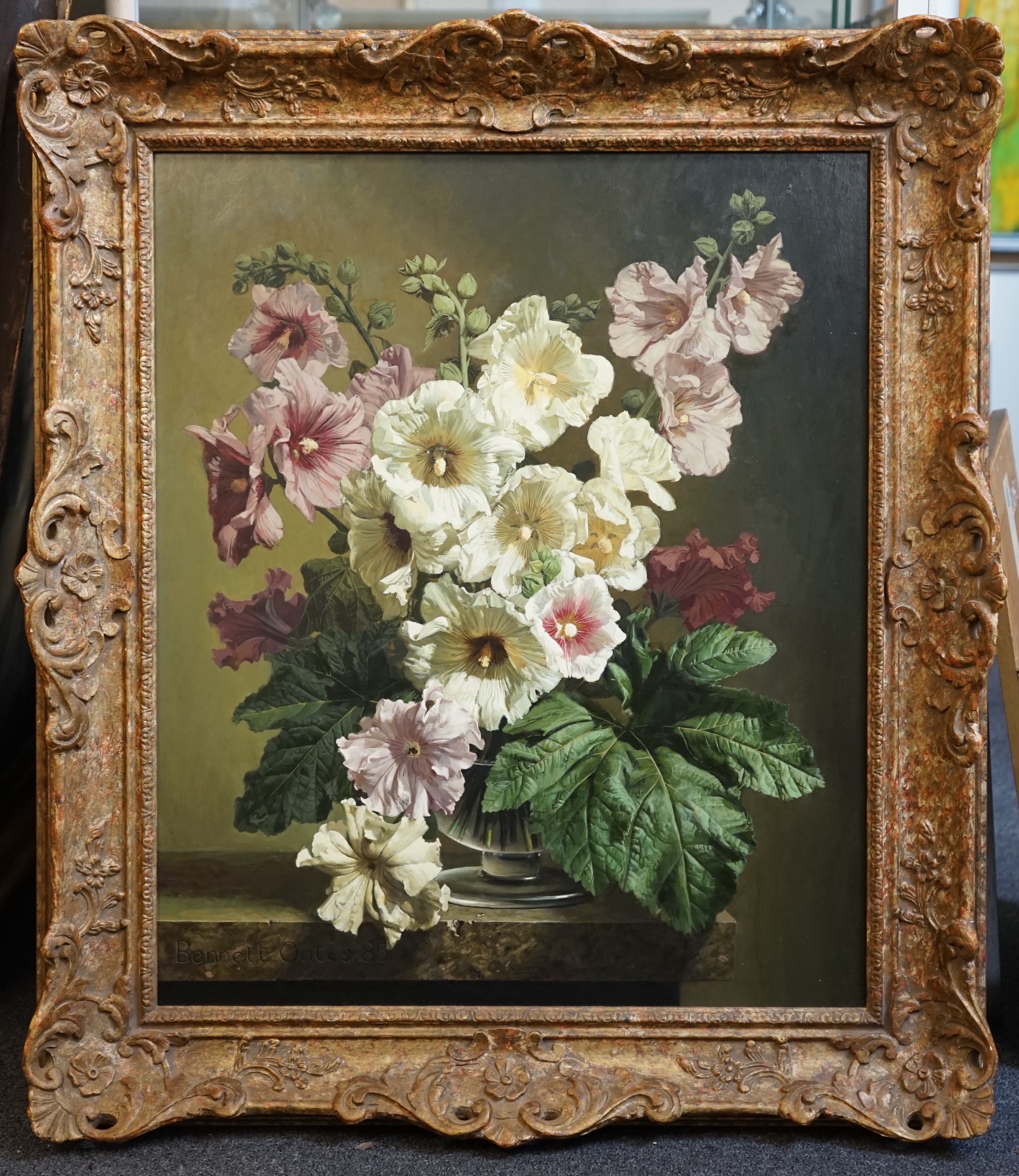 Bennett Oates (1928-2009), 'Hollyhocks No.1', oil on board, 60 x 50cm